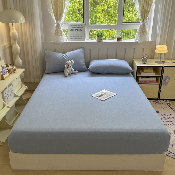 91家纺网 家纺一手货源 找家纺 晚依家纺 2025新款A类色织全棉纯棉水洗棉床笠单件纯棉格子纯色学生宿舍定制定做 纯色-浅蓝