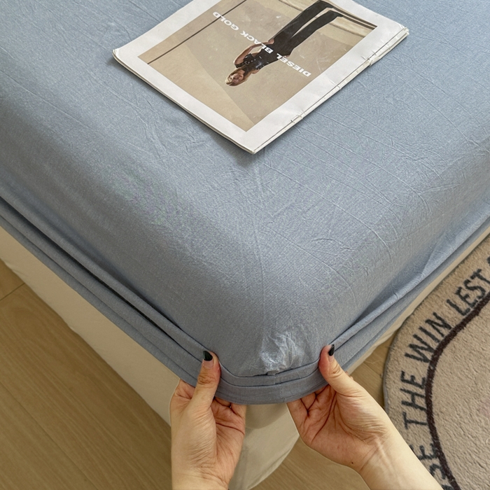 91家纺网 家纺一手货源 找家纺 晚依家纺 2025新款A类色织全棉纯棉水洗棉床笠单件纯棉格子纯色学生宿舍定制定做 纯色-浅蓝