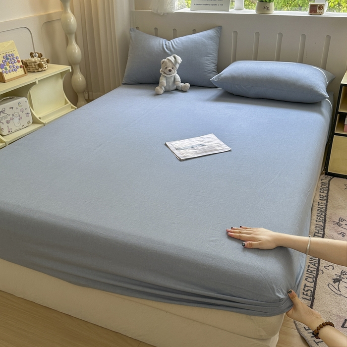 91家纺网 家纺一手货源 找家纺 晚依家纺 2025新款A类色织全棉纯棉水洗棉床笠单件纯棉格子纯色学生宿舍定制定做 纯色-浅蓝