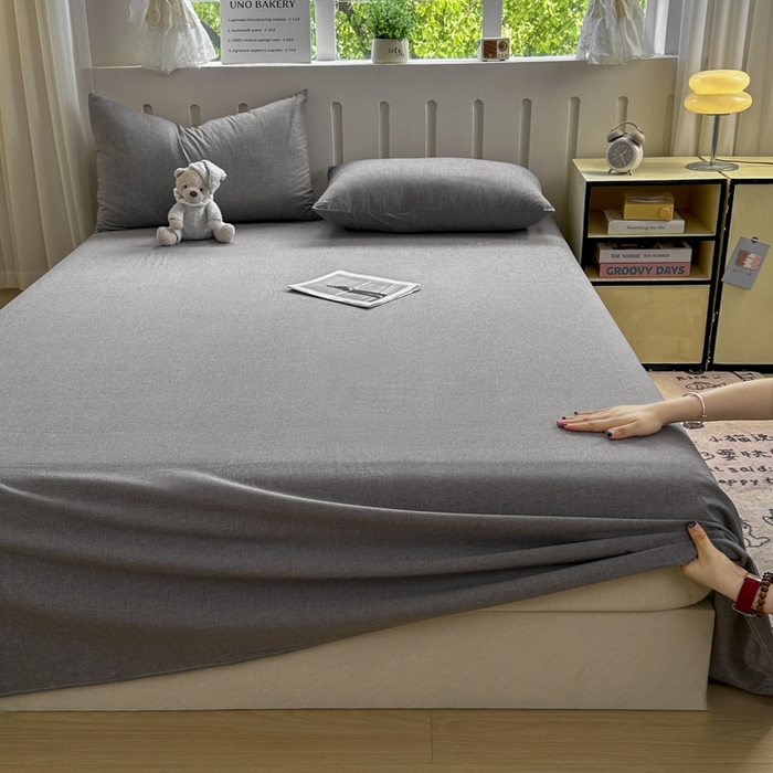 91家纺网 家纺一手货源 找家纺 晚依家纺 2025新款A类色织全棉纯棉水洗棉床笠单件纯棉格子纯色学生宿舍定制定做 纯色-烟灰