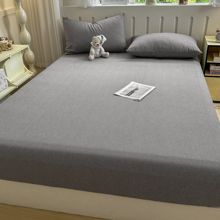 91家纺网 家纺一手货源 找家纺 晚依家纺 2025新款A类色织全棉纯棉水洗棉床笠单件纯棉格子纯色学生宿舍定制定做 纯色-烟灰