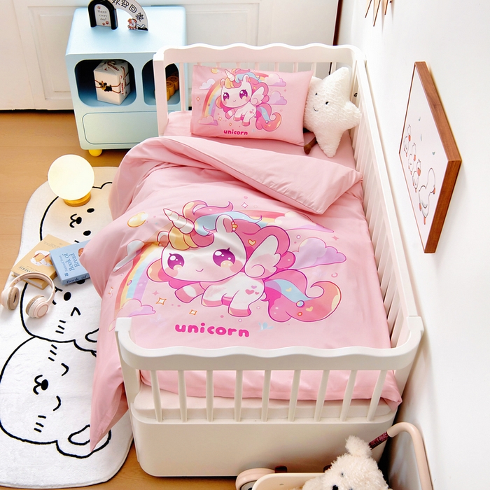 91家纺网 家纺一手货源 找家纺 （总）梵赫 2025新款纯棉A类50*50数码卡通大版婴童套件幼儿园三件套