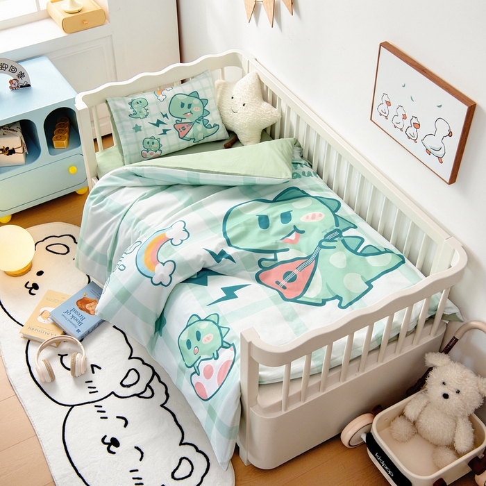 91家纺网 家纺一手货源 找家纺 梵赫 2025新款纯棉A类50*50数码卡通大版婴童套件幼儿园三件套 时尚恐龙