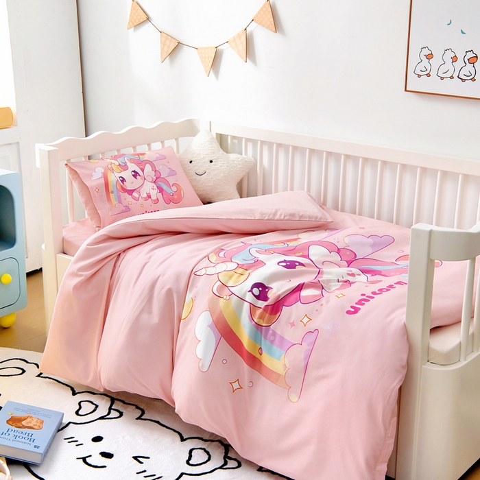 91家纺网 家纺一手货源 找家纺 梵赫 2025新款纯棉A类50*50数码卡通大版婴童套件幼儿园三件套 小马萌萌