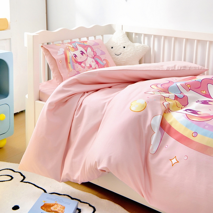 91家纺网 家纺一手货源 找家纺 梵赫 2025新款纯棉A类50*50数码卡通大版婴童套件幼儿园三件套 小马萌萌