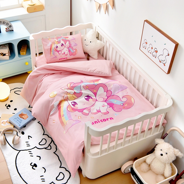 91家纺网 家纺一手货源 找家纺 梵赫 2025新款纯棉A类50*50数码卡通大版婴童套件幼儿园三件套 小马萌萌