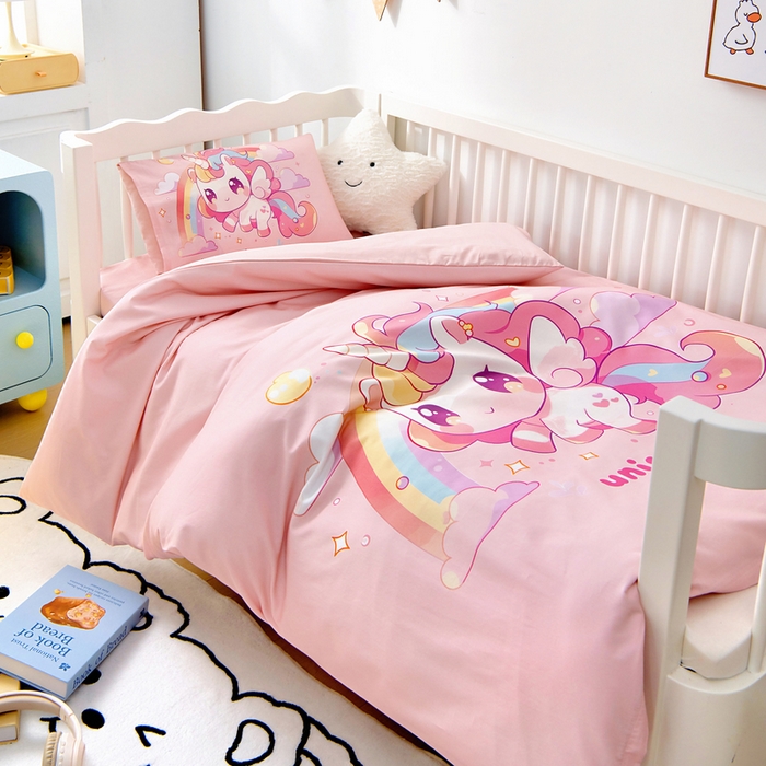 91家纺网 家纺一手货源 找家纺 梵赫 2025新款纯棉A类50*50数码卡通大版婴童套件幼儿园三件套 小马萌萌