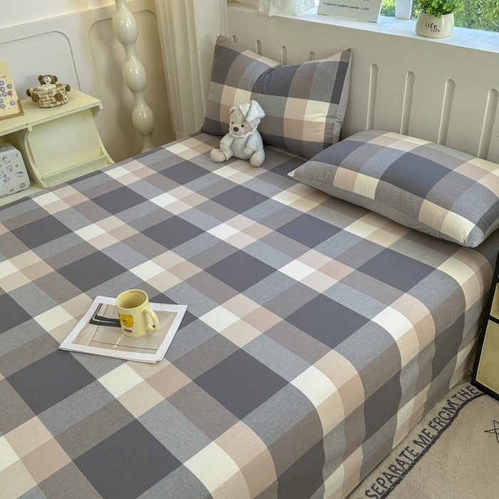 91家纺网 家纺一手货源 找家纺 晚依家纺 2025新款A类色织全棉纯棉水洗棉床笠单件纯棉格子纯色学生宿舍定制定做 洛伊灰咖大格