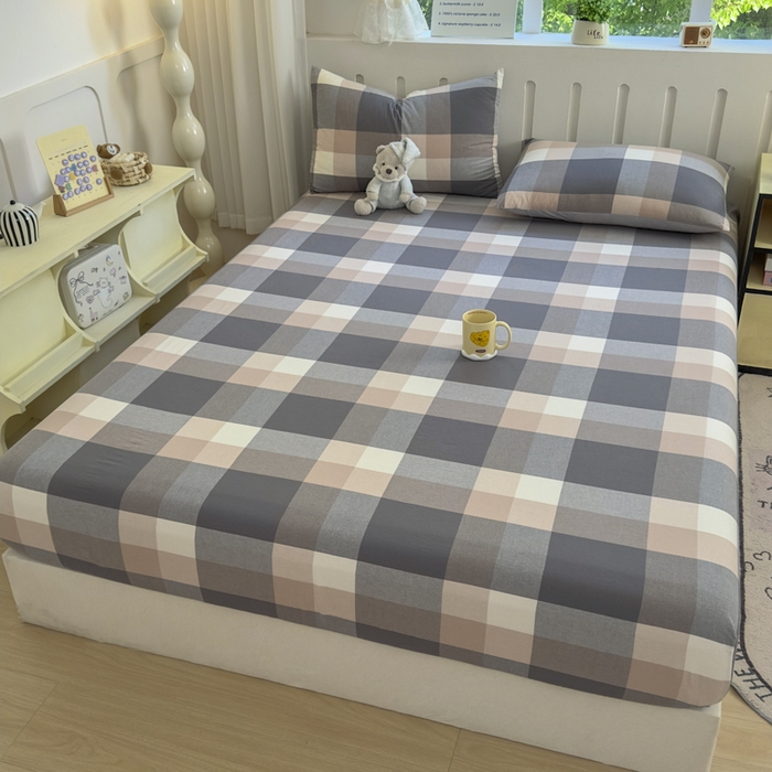 91家纺网 家纺一手货源 找家纺 晚依家纺 2025新款A类色织全棉纯棉水洗棉床笠单件纯棉格子纯色学生宿舍定制定做 洛伊灰咖大格