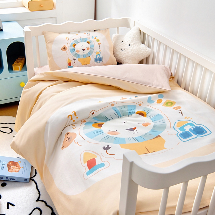 91家纺网 家纺一手货源 找家纺 梵赫 2025新款纯棉A类50*50数码卡通大版婴童套件幼儿园三件套 狮子先生