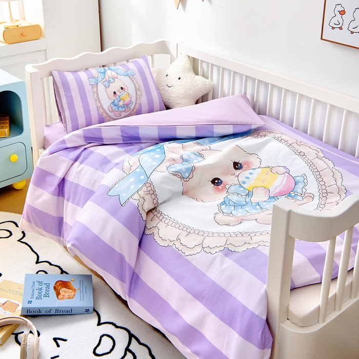 91家纺网 家纺一手货源 找家纺 梵赫 2025新款纯棉A类50*50数码卡通大版婴童套件幼儿园三件套 菲菲兔