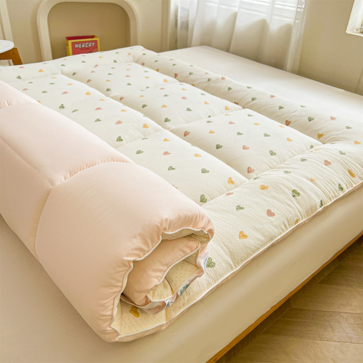 91家纺网 家纺一手货源 找家纺 雯豆2025秋冬新品棉花床褥床垫床护垫加厚双层纱学学生宿舍床褥子 棉花床褥-爱心