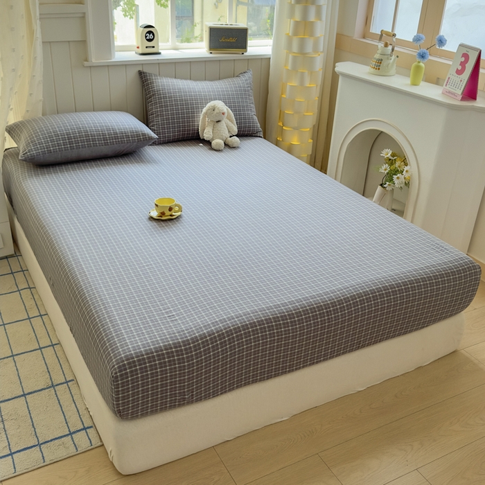 91家纺网 家纺一手货源 找家纺 晚依家纺 2025新款A类色织全棉纯棉水洗棉床笠单件纯棉格子纯色学生宿舍定制定做 米娜-绿灰