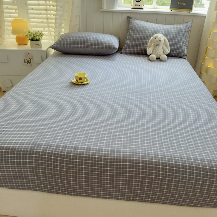 91家纺网 家纺一手货源 找家纺 晚依家纺 2025新款A类色织全棉纯棉水洗棉床笠单件纯棉格子纯色学生宿舍定制定做 米娜-绿灰