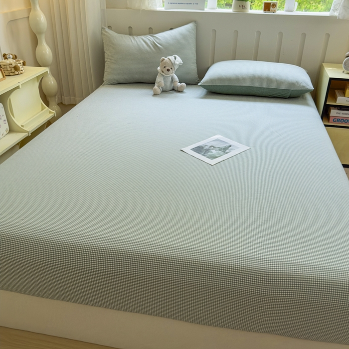 91家纺网 家纺一手货源 找家纺 晚依家纺 2025新款A类色织全棉纯棉水洗棉床笠单件纯棉格子纯色学生宿舍定制定做 密格-草绿