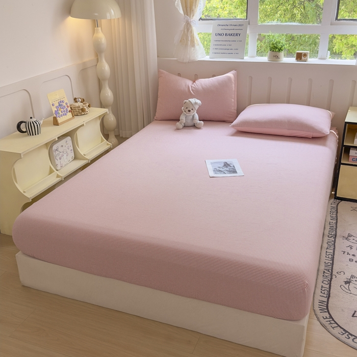 91家纺网 家纺一手货源 找家纺 晚依家纺 2025新款A类色织全棉纯棉水洗棉床笠单件纯棉格子纯色学生宿舍定制定做 密格-浅粉