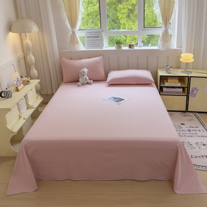 91家纺网 家纺一手货源 找家纺 晚依家纺 2025新款A类色织全棉纯棉水洗棉床笠单件纯棉格子纯色学生宿舍定制定做 密格-浅粉