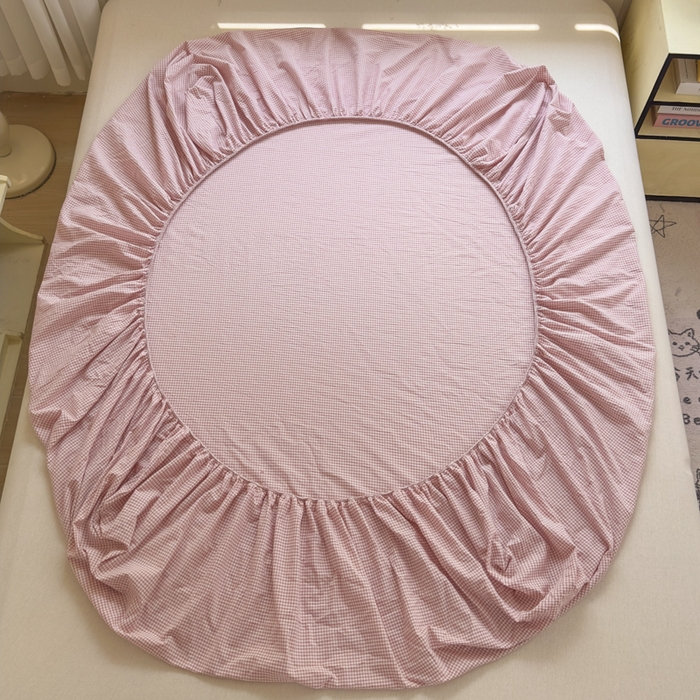 91家纺网 家纺一手货源 找家纺 晚依家纺 2025新款A类色织全棉纯棉水洗棉床笠单件纯棉格子纯色学生宿舍定制定做 密格-浅粉