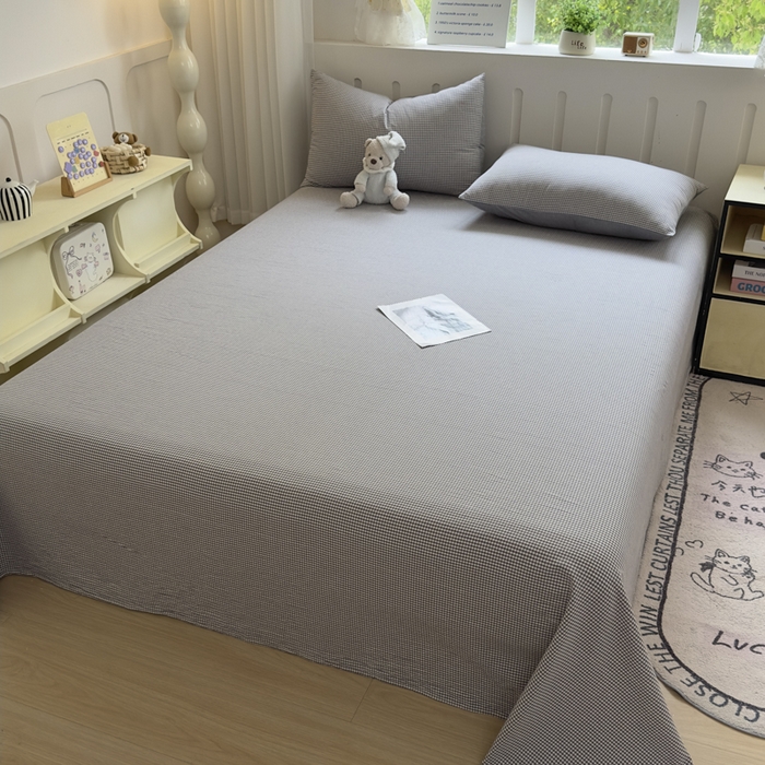 91家纺网 家纺一手货源 找家纺 晚依家纺 2025新款A类色织全棉纯棉水洗棉床笠单件纯棉格子纯色学生宿舍定制定做 密格-烟灰