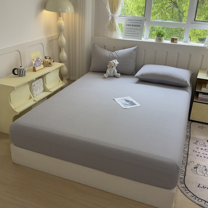 91家纺网 家纺一手货源 找家纺 晚依家纺 2025新款A类色织全棉纯棉水洗棉床笠单件纯棉格子纯色学生宿舍定制定做 密格-烟灰