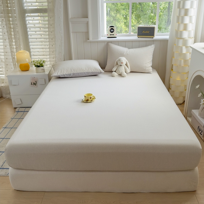 91家纺网 家纺一手货源 找家纺 晚依家纺 2025新款A类色织全棉纯棉水洗棉床笠单件纯棉格子纯色学生宿舍定制定做 密条-米灰