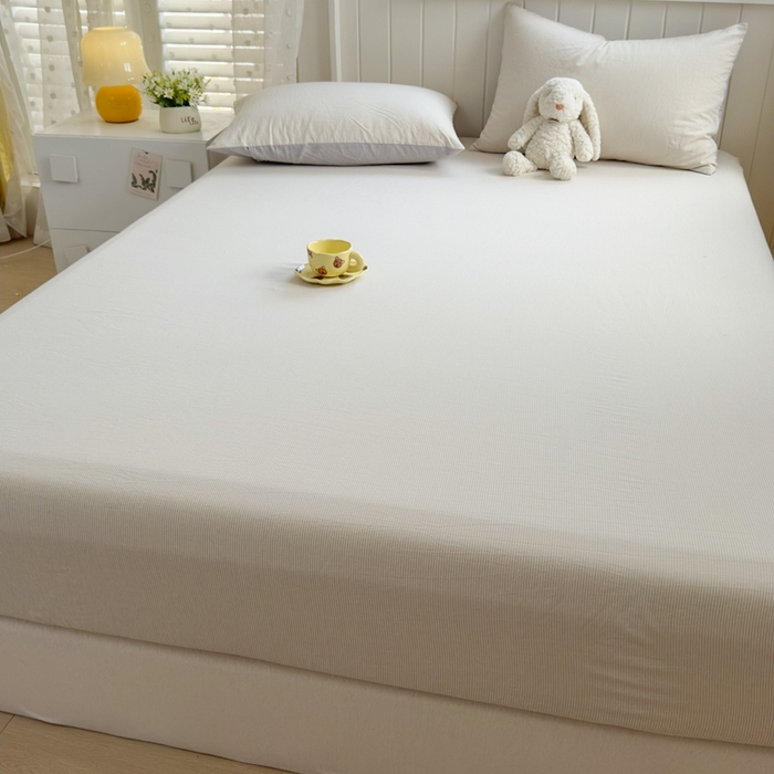 91家纺网 家纺一手货源 找家纺 晚依家纺 2025新款A类色织全棉纯棉水洗棉床笠单件纯棉格子纯色学生宿舍定制定做 密条-米灰