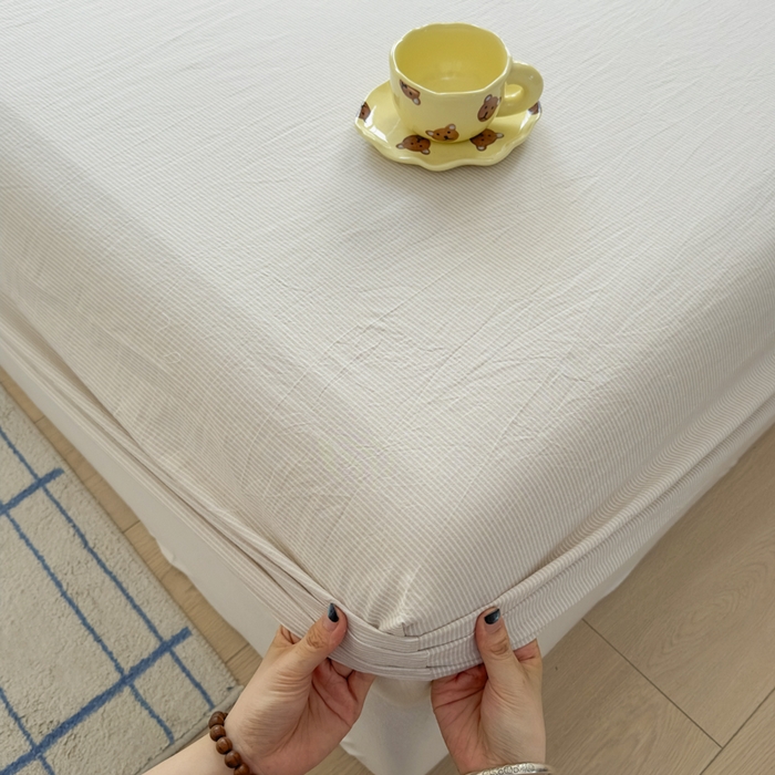 91家纺网 家纺一手货源 找家纺 晚依家纺 2025新款A类色织全棉纯棉水洗棉床笠单件纯棉格子纯色学生宿舍定制定做 密条-米灰