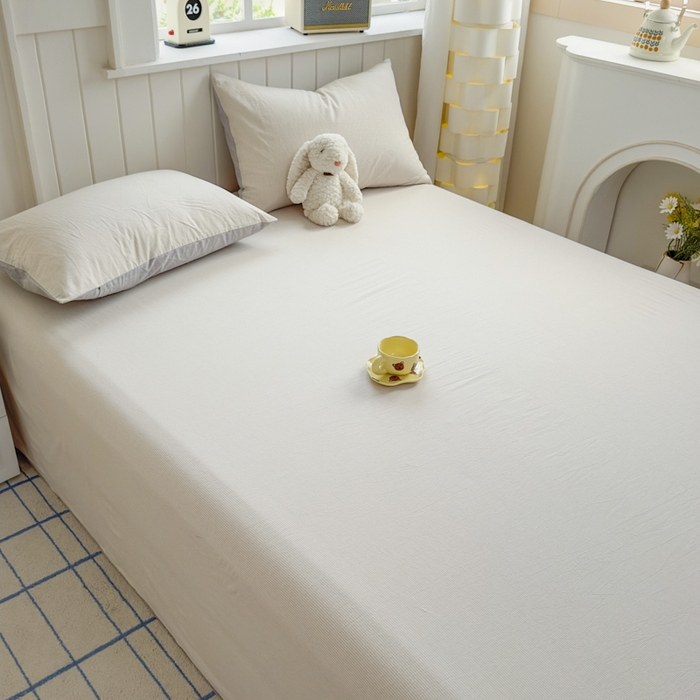 91家纺网 家纺一手货源 找家纺 晚依家纺 2025新款A类色织全棉纯棉水洗棉床笠单件纯棉格子纯色学生宿舍定制定做 密条-米灰