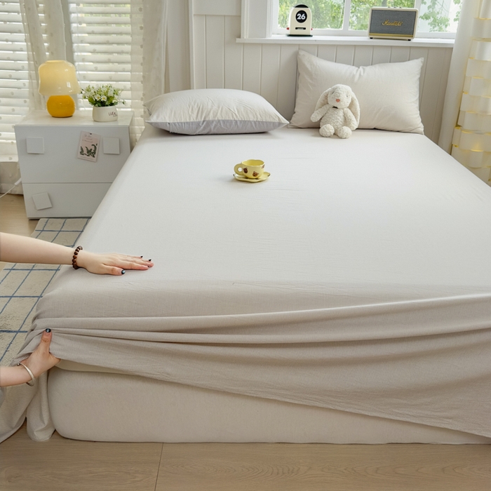 91家纺网 家纺一手货源 找家纺 晚依家纺 2025新款A类色织全棉纯棉水洗棉床笠单件纯棉格子纯色学生宿舍定制定做 密条-米灰