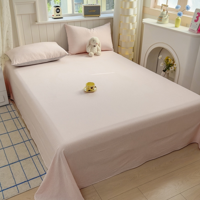 91家纺网 家纺一手货源 找家纺 晚依家纺 2025新款A类色织全棉纯棉水洗棉床笠单件纯棉格子纯色学生宿舍定制定做 密条-浅粉