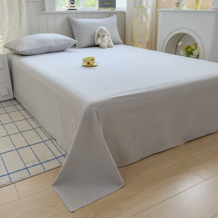 91家纺网 家纺一手货源 找家纺 晚依家纺 2025新款A类色织全棉纯棉水洗棉床笠单件纯棉格子纯色学生宿舍定制定做 密条-浅灰