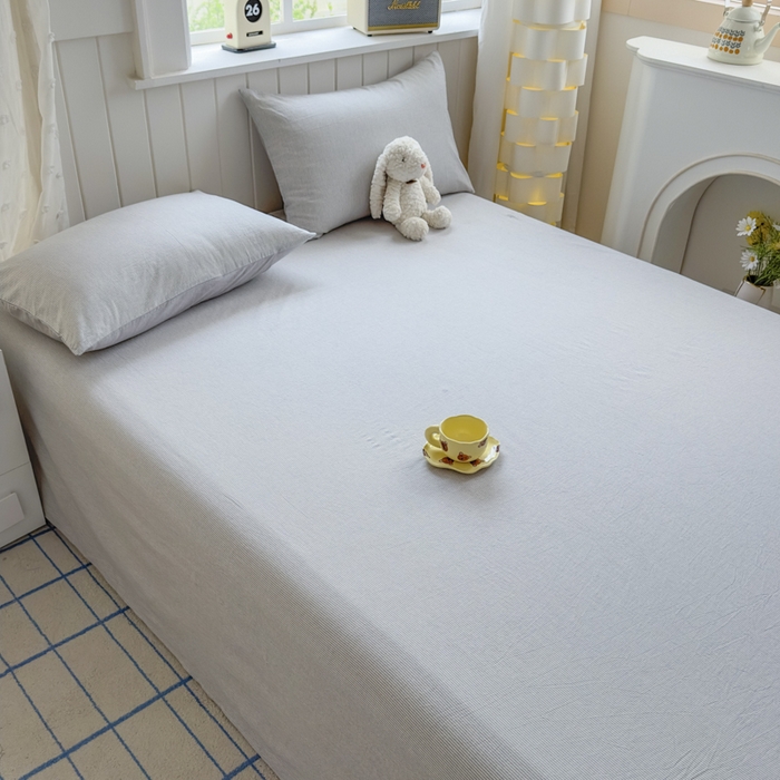 91家纺网 家纺一手货源 找家纺 晚依家纺 2025新款A类色织全棉纯棉水洗棉床笠单件纯棉格子纯色学生宿舍定制定做 密条-浅灰