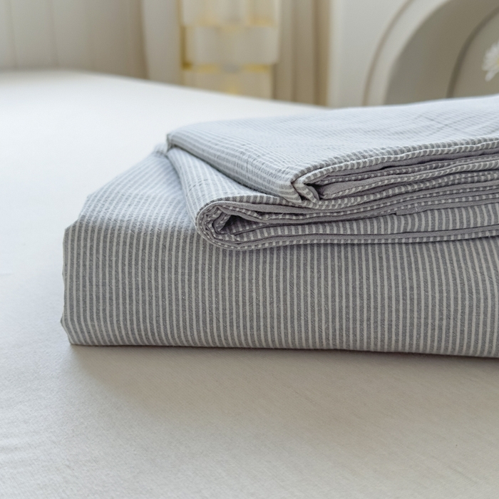 91家纺网 家纺一手货源 找家纺 晚依家纺 2025新款A类色织全棉纯棉水洗棉床笠单件纯棉格子纯色学生宿舍定制定做 密条-浅灰