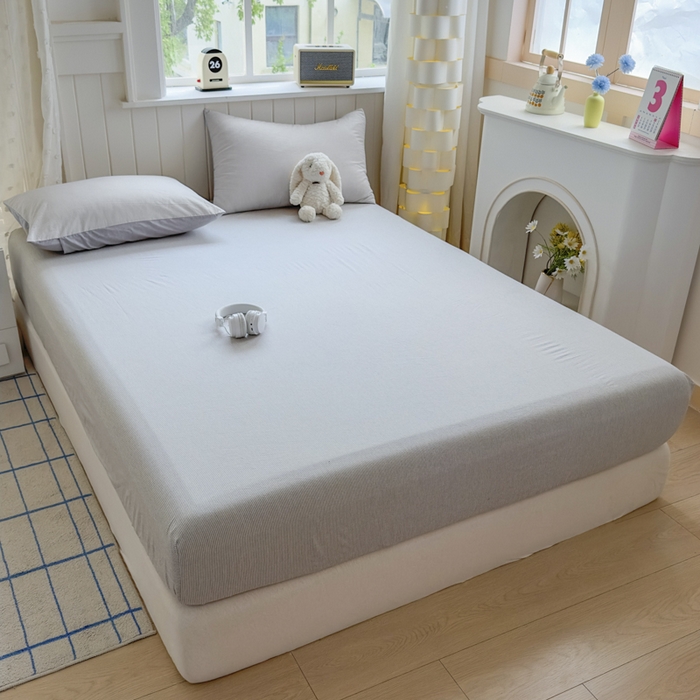 91家纺网 家纺一手货源 找家纺 晚依家纺 2025新款A类色织全棉纯棉水洗棉床笠单件纯棉格子纯色学生宿舍定制定做 密条-浅灰