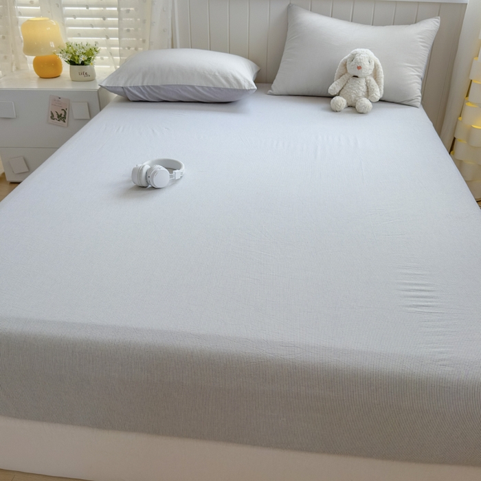 91家纺网 家纺一手货源 找家纺 晚依家纺 2025新款A类色织全棉纯棉水洗棉床笠单件纯棉格子纯色学生宿舍定制定做 密条-浅灰