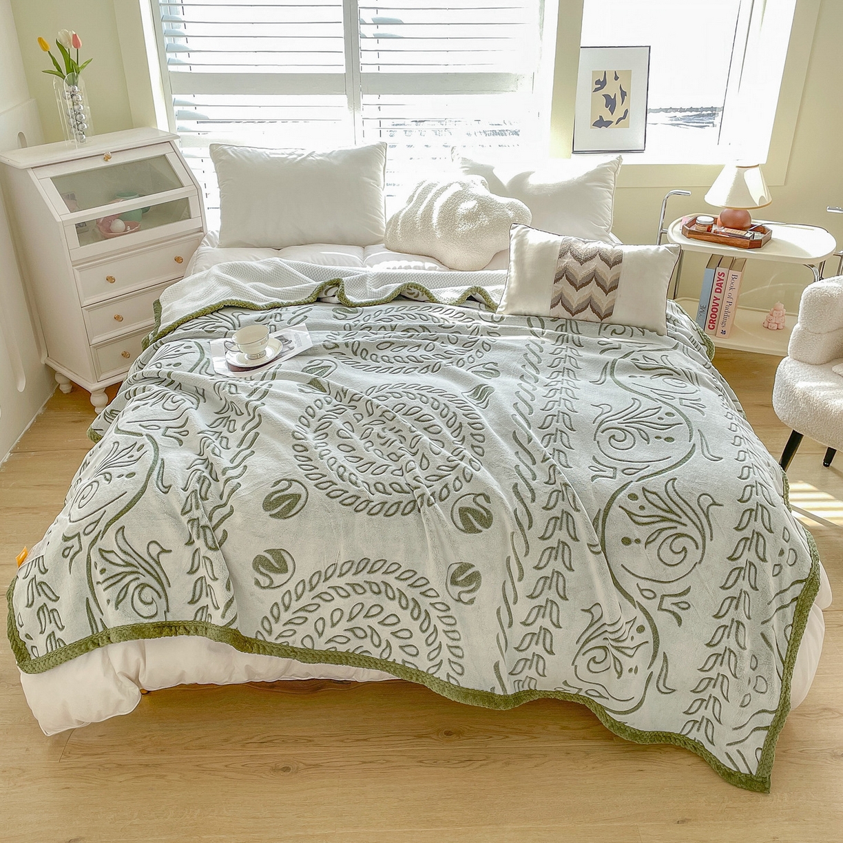 91家纺网 家纺一手货源 找家纺 来菲毛毯 2025新款高级感软糯保暖阳离子毛毯剪花复合毯可铺盖多功能办公盖毯 绿色