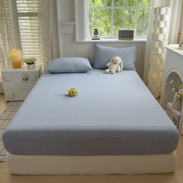 91家纺网 家纺一手货源 找家纺 晚依家纺 2025新款A类色织全棉纯棉水洗棉床笠单件纯棉格子纯色学生宿舍定制定做 密条-浅蓝