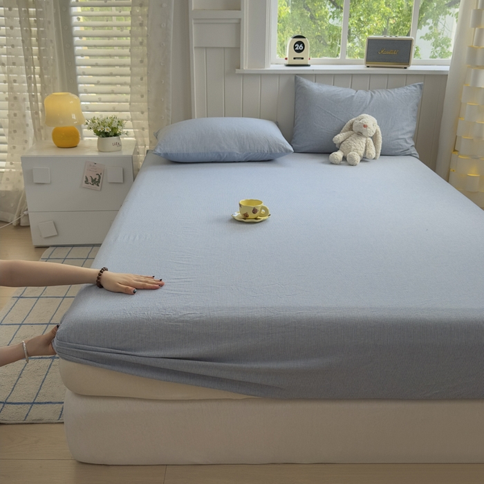 91家纺网 家纺一手货源 找家纺 晚依家纺 2025新款A类色织全棉纯棉水洗棉床笠单件纯棉格子纯色学生宿舍定制定做 密条-浅蓝