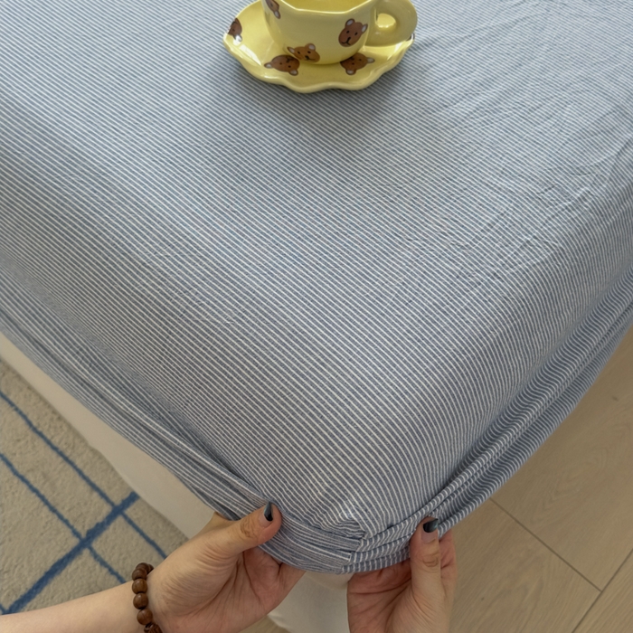 91家纺网 家纺一手货源 找家纺 晚依家纺 2025新款A类色织全棉纯棉水洗棉床笠单件纯棉格子纯色学生宿舍定制定做 密条-浅蓝