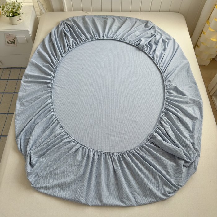 91家纺网 家纺一手货源 找家纺 晚依家纺 2025新款A类色织全棉纯棉水洗棉床笠单件纯棉格子纯色学生宿舍定制定做 密条-浅蓝