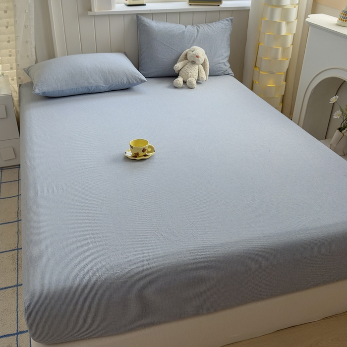 91家纺网 家纺一手货源 找家纺 晚依家纺 2025新款A类色织全棉纯棉水洗棉床笠单件纯棉格子纯色学生宿舍定制定做 密条-浅蓝