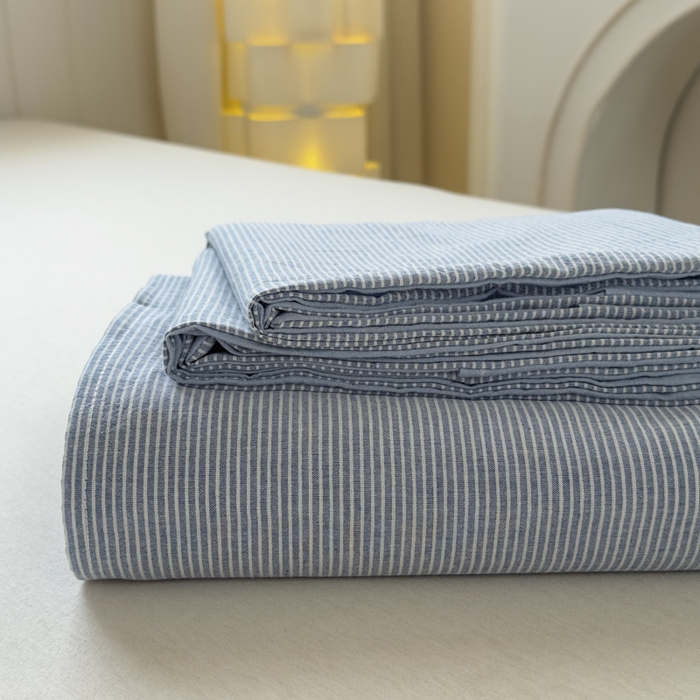 91家纺网 家纺一手货源 找家纺 晚依家纺 2025新款A类色织全棉纯棉水洗棉床笠单件纯棉格子纯色学生宿舍定制定做 密条-浅蓝