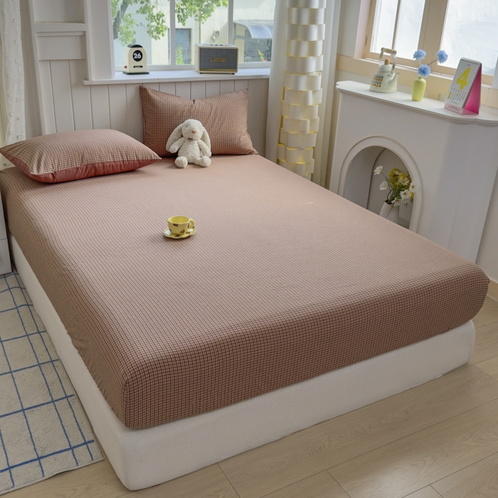 91家纺网 家纺一手货源 找家纺 晚依家纺 2025新款A类色织全棉纯棉水洗棉床笠单件纯棉格子纯色学生宿舍定制定做 沐风-粉红