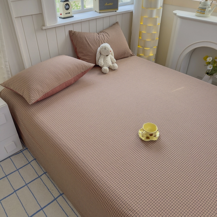 91家纺网 家纺一手货源 找家纺 晚依家纺 2025新款A类色织全棉纯棉水洗棉床笠单件纯棉格子纯色学生宿舍定制定做 沐风-粉红