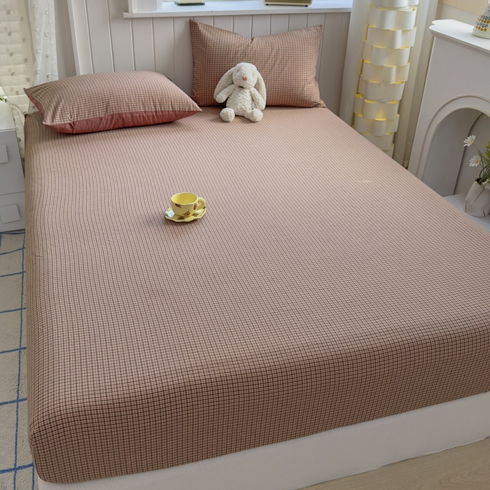 91家纺网 家纺一手货源 找家纺 晚依家纺 2025新款A类色织全棉纯棉水洗棉床笠单件纯棉格子纯色学生宿舍定制定做 沐风-粉红