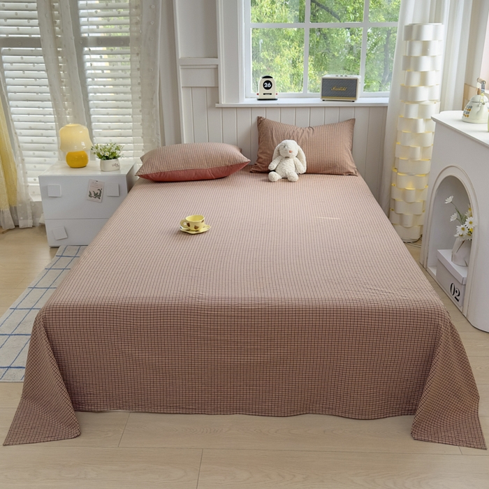 91家纺网 家纺一手货源 找家纺 晚依家纺 2025新款A类色织全棉纯棉水洗棉床笠单件纯棉格子纯色学生宿舍定制定做 沐风-粉红