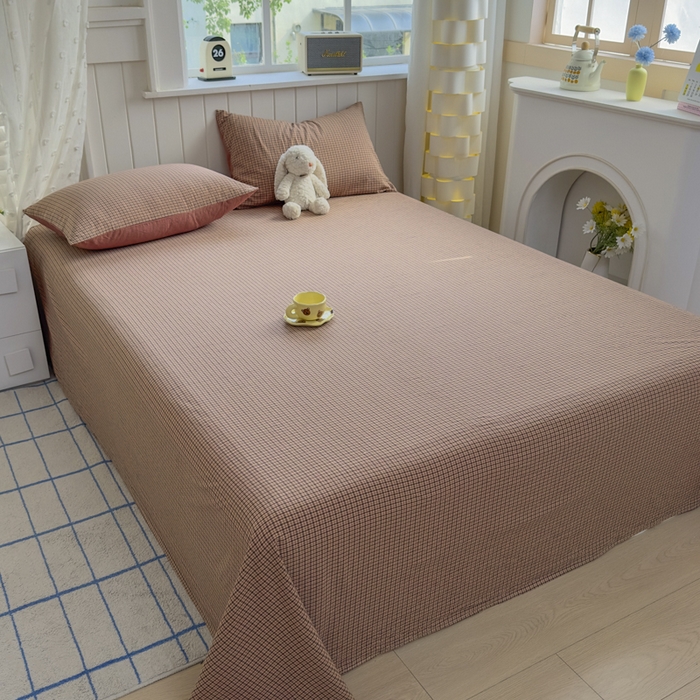 91家纺网 家纺一手货源 找家纺 晚依家纺 2025新款A类色织全棉纯棉水洗棉床笠单件纯棉格子纯色学生宿舍定制定做 沐风-粉红