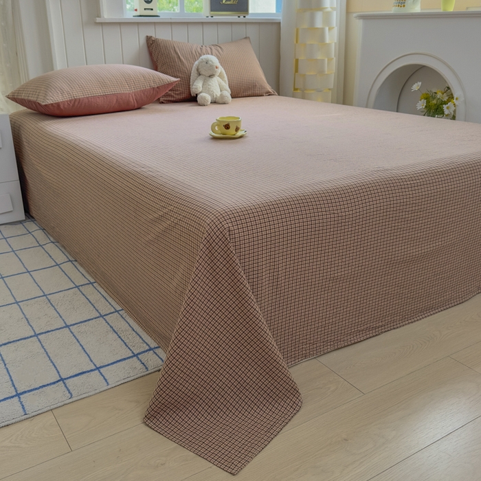 91家纺网 家纺一手货源 找家纺 晚依家纺 2025新款A类色织全棉纯棉水洗棉床笠单件纯棉格子纯色学生宿舍定制定做 沐风-粉红