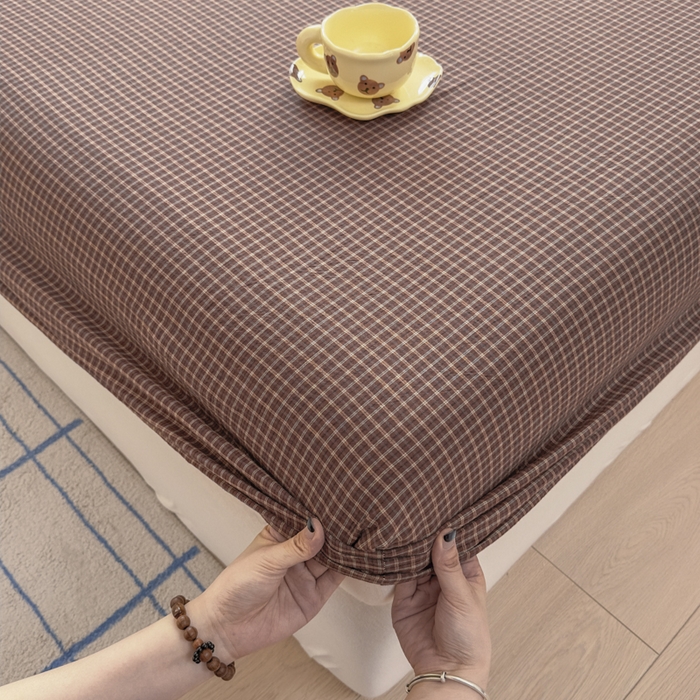 91家纺网 家纺一手货源 找家纺 晚依家纺 2025新款A类色织全棉纯棉水洗棉床笠单件纯棉格子纯色学生宿舍定制定做 沐风-焦糖