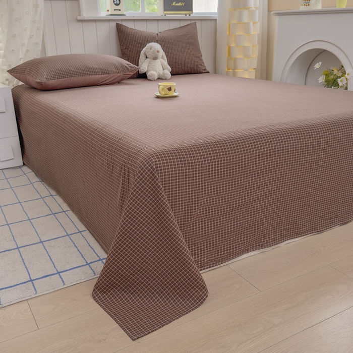 91家纺网 家纺一手货源 找家纺 晚依家纺 2025新款A类色织全棉纯棉水洗棉床笠单件纯棉格子纯色学生宿舍定制定做 沐风-焦糖